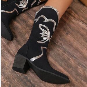 Black Faux Suede American Western Cowgirl Boots with Silver Butterfly Appliqué